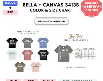 Bella Canvas 3413B Color + Size Chart | EDITABLE Canva Template | 3413B Infant Triblend Tee | 3413B Size Chart | CANVA + PSD Template