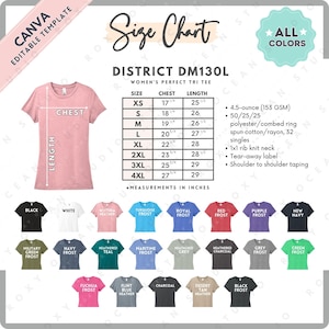 May include: Pink women's t-shirt with a size chart and color options. The chart shows chest and length measurements in inches for sizes XS to 4XL. Available colors include black, white, and various shades of blue, green, and purple.