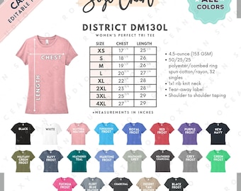 Tabela de Tamanhos e Cores da Camiseta District DM130L | Modelo EDITÁVEL no Canva | Camiseta Tri feminina perfeita DM130L | Tabela de Tamanhos DM130L | Cores editáveis no Canva