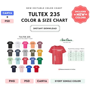 Tultex 235 Color + Size Chart | EDITABLE Canva Template | 235 Youth Fine Jersey T-Shirt | 235 Size Chart | CANVA + PSD Editable Color Chart