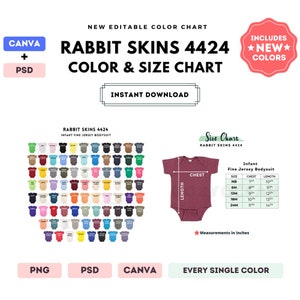 Kaninchenfelle 4424 Farbe + Größentabelle | EDITIERBARE Canva Vorlage | 4424 Säugling feiner Jersey Body | 4424 Größentabelle | CANVA + PSD Bearbeitbar