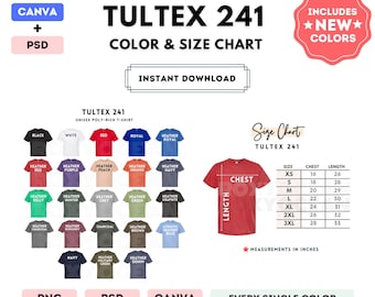 May include: A Tultex 241 color and size chart for unisex t-shirts. The image displays a grid of twenty-one t-shirt color swatches with labels, a red t-shirt graphic with chest and length indicators, and a size chart table with measurements in inches.