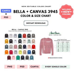 Bella Canvas 3945 Tabla de colores y tallas / Plantilla Canva editable / Sudadera de cuello redondo 3945 / Tabla de tallas 3945 / Tabla de colores CANVA + PSD