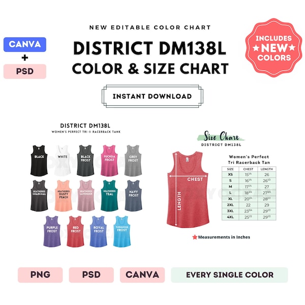 Tabla de colores y tallas District DM138L / Plantilla Canva editable / DM138L Perfect Tri Racerback Tank / Tabla de tallas DM138L / CANVA + PSD editable