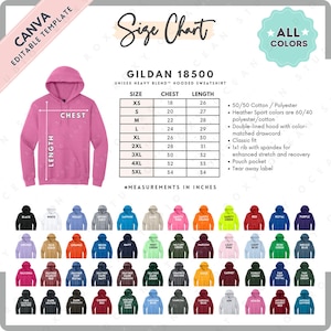 May include: A pink Gildan 18500 unisex heavy blend hooded sweatshirt with a size chart. The chart shows chest and length measurements in inches, ranging from XS to 5XL. A color palette of available sweatshirt colors is displayed.