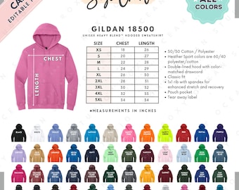 Gildan 18500 Size + Color Chart | EDITABLE Canva Template | G185 Hooded Sweatshirt | G185 Size Chart | CANVA Editable Size Chart