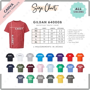 Tabla de tallas y colores de Gildan 64000B / Plantilla Canva EDITABLE / Camiseta juvenil Softstyle G640B / Tabla de tallas G640B / Tabla de tallas editable CANVA
