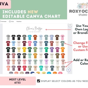 Pu&ograve; includere: Un modello digitale Canva che mostra una griglia di icone di magliette di vari colori per un negozio di abbigliamento personalizzato. L'interfaccia include etichette per il branding, i caratteri e la gestione dei colori per modificare le opzioni.