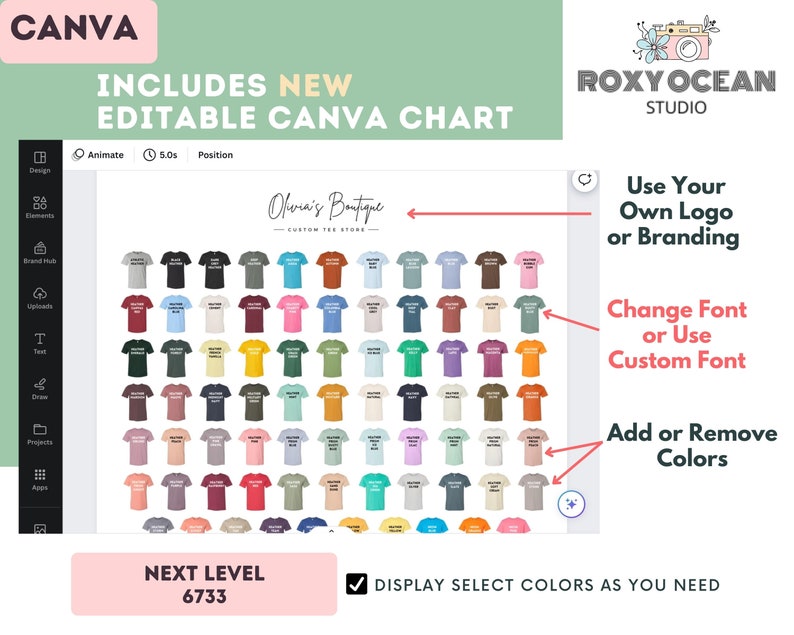 Pu&ograve; includere: Un modello digitale Canva che mostra una griglia di icone di magliette di vari colori per un negozio di abbigliamento personalizzato. L'interfaccia include etichette per il branding, i caratteri e la gestione dei colori per modificare le opzioni.