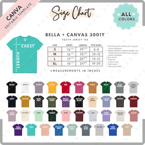 以下が含まれることがあります： Bella + Canvas 3001Y ユースジャージーTシャツのサイズチャート。胸囲と着丈の測定値はインチです。黒、白、赤、ネイビーなどのオプションを含むカラーパレットが含まれています。
