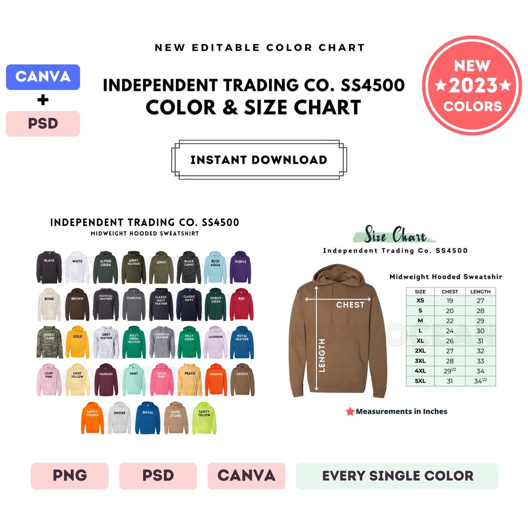 Independent Trading Co. SS4500 Color Size Chart EDITABLE - Etsy