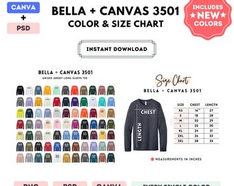Bella Canvas 3501 Color + Size Chart | EDITABLE Canva Template | 3501 Unisex Jersey Long Sleeve Tee | 3501 Size Chart | CANVA + PSD Template