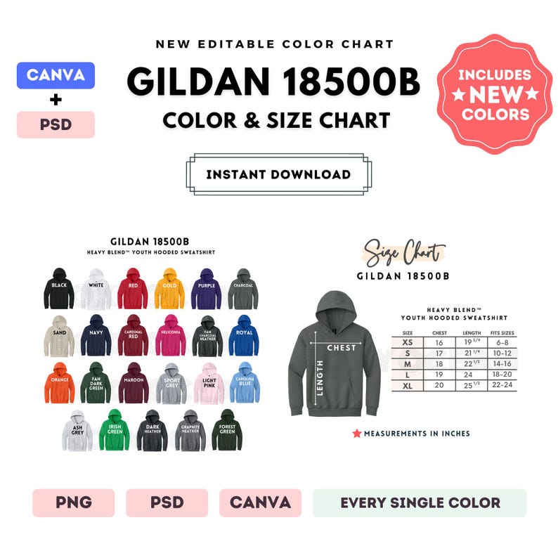 G185B Color + Size Chart | EDITABLE Canva Template | G185B Youth Hooded ...