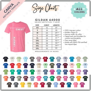 Gildan 64000 Größe + Farbkarte | EDITIERBARE Canva Vorlage | G640 Unisex Softstyle T-Shirt | G640 Größentabelle | CANVA bearbeitbare Größentabelle