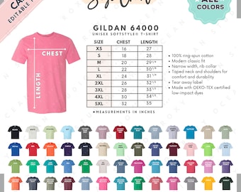 Gildan 64000 Größe + Farbkarte | EDITIERBARE Canva Vorlage | G640 Unisex Softstyle T-Shirt | G640 Größentabelle | CANVA Bearbeitbare Größentabelle