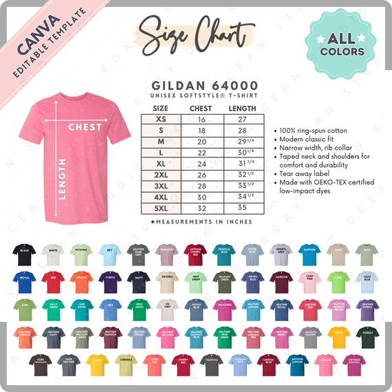 Gildan 64000 Size + Color Chart | EDITABLE Canva Template | G640 Unisex Softstyle T-Shirt | G640 Size Chart | CANVA Editable Size Chart