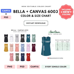 Bella Canvas 6003 Tabla de colores y tallas / Plantilla editable de Canva / Camiseta sin mangas de mujer 6003 / Tabla de tallas 6003 / Plantilla CANVA + PSD