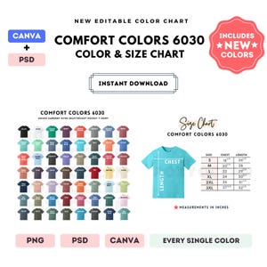 Pode incluir: Uma tabela de cores e tamanhos para camisetas unissex Comfort Colors 6030. A tabela inclui um guia de tamanhos com medidas de peito e comprimento em polegadas e uma exibição das cores disponíveis. A imagem também inclui o texto "Download instantâneo".
