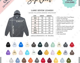 Tabela de Tamanhos e Cores do Moletom com Capuz Lane Seven LS14001 | Modelo EDITÁVEL no Canva | Moletom com Capuz LS14001 | Tabela de Tamanhos LS14001 | Tabela de Tamanhos Editável no Canva
