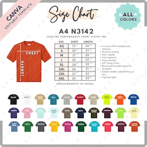 May include: An orange short sleeve tee shirt with a size chart and color options. The size chart includes chest and length measurements in inches. The shirt is made of 4-ounce, 100% recycled poly interlock material.
