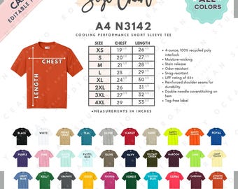 Tabela de Tamanhos e Cores N3142 A4 | Modelo EDITÁVEL no Canva | Camiseta de Performance Refrescante A4 | Tabela de Tamanhos N3142 | Tabela de Cores N3142 Editável no Canva