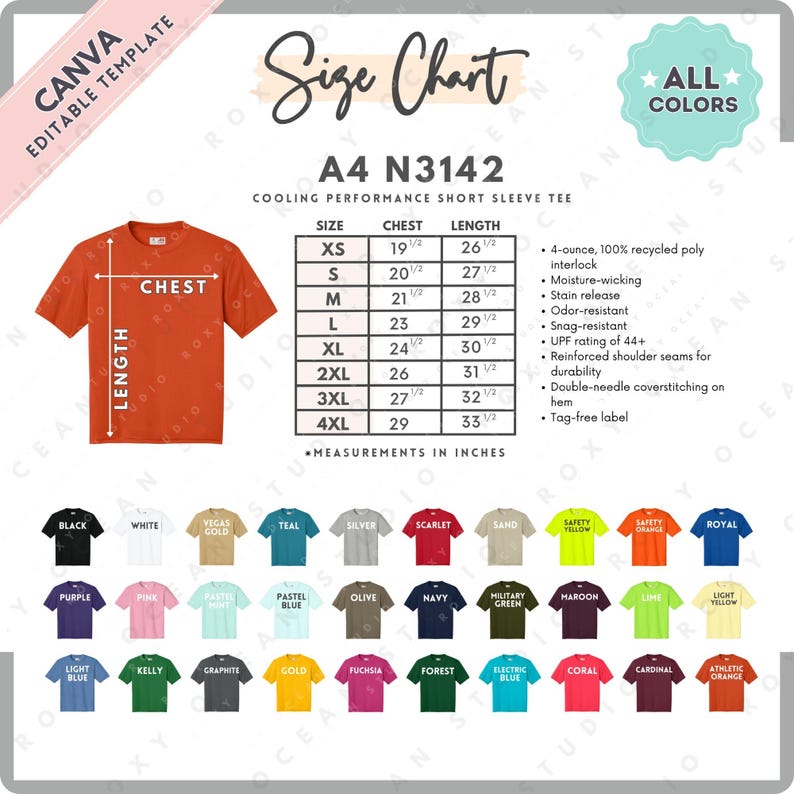 Peut inclure: Un t-shirt orange &agrave; manches courtes avec un tableau des tailles et des options de couleurs. Le tableau des tailles comprend les mesures de la poitrine et de la longueur en pouces. Le t-shirt est en interlock de poly recycl&eacute; &agrave; 100 % de 4 onces.