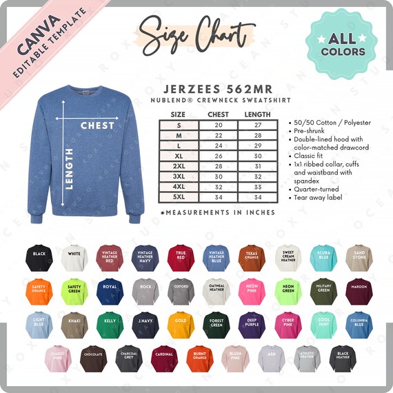 Jerzees 562MR Size Color Chart EDITABLE Canva Template 562MR Nublend Crewneck Sweatshirt 562MR Size Chart CANVA Editable Size Etsy