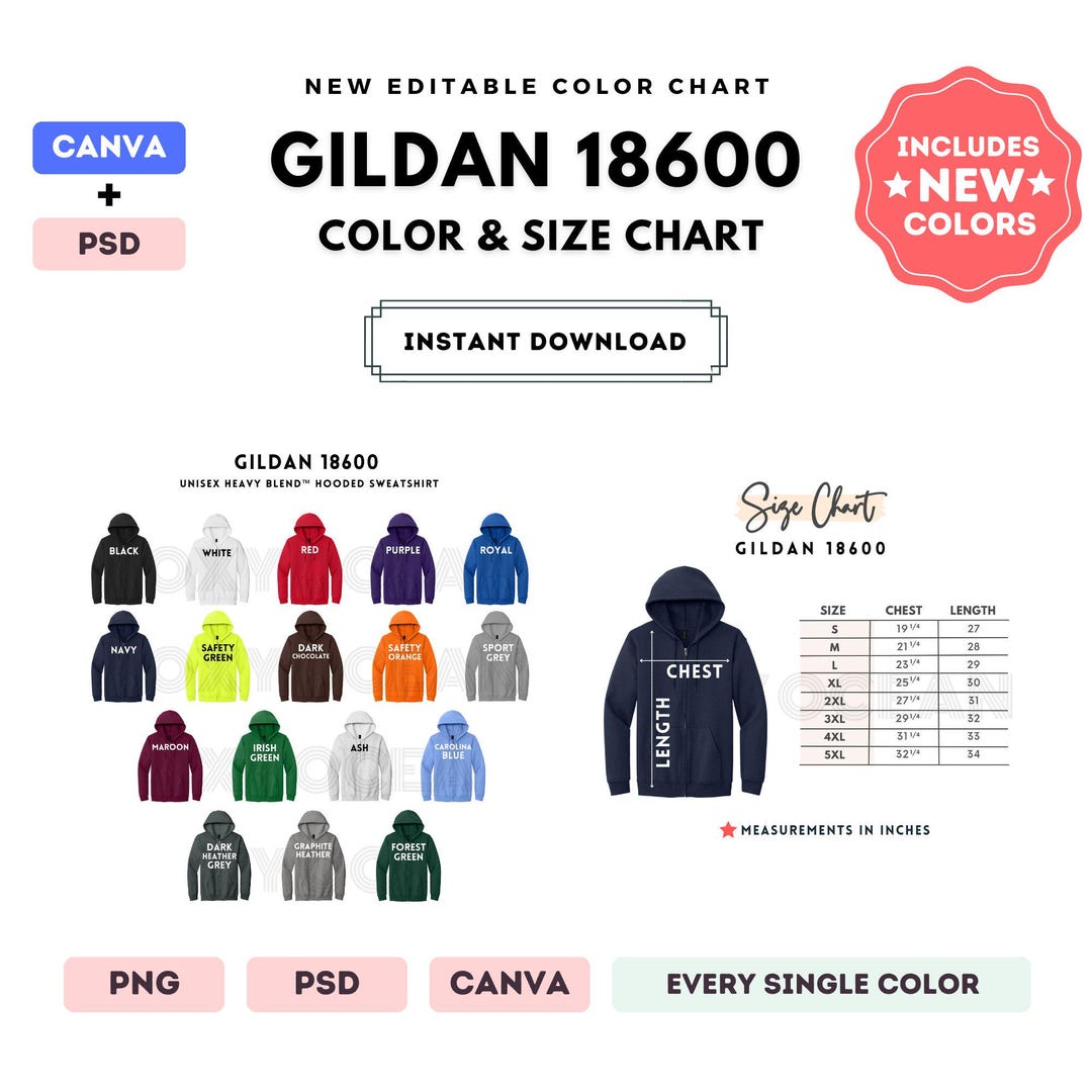G186 Color + Size Chart | EDITABLE Canva Template | G186 Full-zip ...