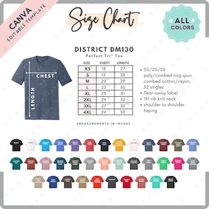 Tabla de tallas y colores del distrito DM130 / Plantilla Canva EDITABLE / DM130 Perfect Tri Tee / Tabla de tallas DM130 / Tabla de tallas editable CANVA