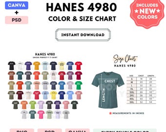 Hanes 4980 Color + Size Chart | EDITABLE Canva Template | 4980 Unisex Perfect-T T-Shirt | 4980 Size Chart | CANVA + PSD Editable Color Chart
