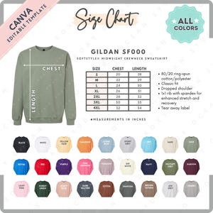 Tabla de tallas y colores de Gildan SF000 / Plantilla Canva EDITABLE / Sudadera unisex de cuello redondo SF000 / Tabla de tallas SF000 / Tabla de tallas editable CANVA