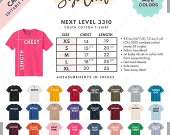 Next Level 3310 Size + Color Chart | EDITABLE Canva Template | 3310 Youth Cotton T-Shirt | 3310 Size Chart | CANVA Editable Size Chart