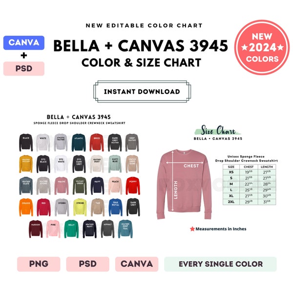 Bella Canvas 3945 Color + Size Chart | EDITABLE Canva Template | 3945 Crewneck Sweatshirt | 3945 Size Chart | CANVA + PSD Color Chart