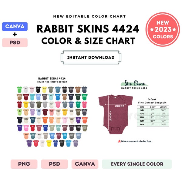 Rabbit Skins 4424 Color + Size Chart | EDITABLE Canva Template | 4424 Infant Fine Jersey Bodysuit | 4424 Size Chart | CANVA + PSD Editable