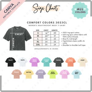 May include: A size chart for a Comfort Colors 3023CL women's heavyweight boxy t-shirt. The chart includes chest and length measurements in inches for sizes S to 2XL. The image also shows various t-shirt colors, including black, white, and neon violet.