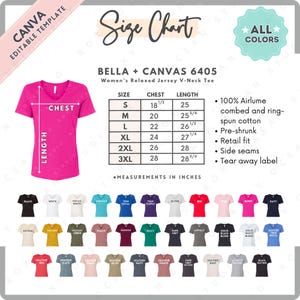 Tabla de tallas y colores Bella Canvas 6405 / Plantilla editable en Canva / Camiseta de jersey con cuello en V holgada para mujer 6405 / Tabla de tallas 6405 / Plantilla editable en CANVA
