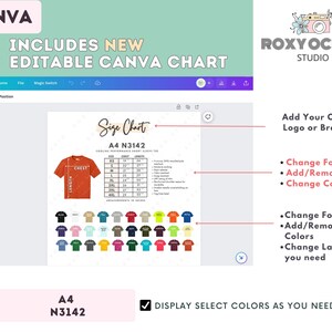 Peut inclure: Un mod&egrave;le de conception num&eacute;rique sur un &eacute;cran d'ordinateur, pr&eacute;sentant un tableau des tailles pour un t-shirt &agrave; manches courtes. Le tableau comprend des mesures en pouces. La conception comprend &eacute;galement une palette de couleurs de diff&eacute;rentes couleurs de chemises et le texte "CANVA".