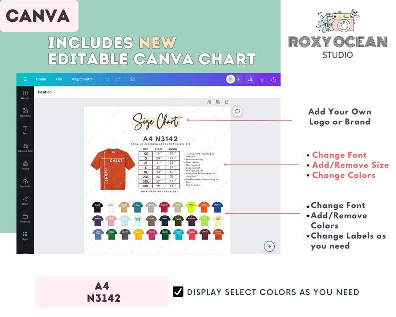 Peut inclure: Un mod&egrave;le de conception num&eacute;rique sur un &eacute;cran d'ordinateur, pr&eacute;sentant un tableau des tailles pour un t-shirt &agrave; manches courtes. Le tableau comprend des mesures en pouces. La conception comprend &eacute;galement une palette de couleurs de diff&eacute;rentes couleurs de chemises et le texte "CANVA".