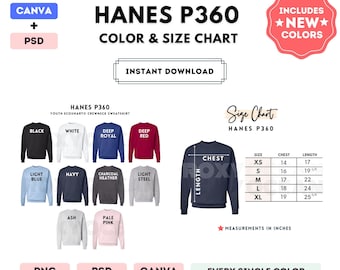 Hanes P360 Color + Size Chart | EDITABLE Canva Template | P360 Youth Crewneck Sweatshirt | P360 Size Chart | CANVA + PSD Editable Chart
