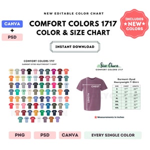 Colores Comfort 1717 Tabla de colores y tallas / Plantilla Canva editable / Camiseta gruesa 1717 / Tabla de tallas 1717 / CANVA + PSD editable