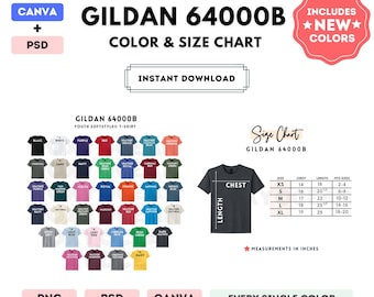 G640B Farbe + Maßtabelle | EDITIERBARE Canva Vorlage | 64000B Softstyle Jugend T-Shirt | G640B Größentabelle | CANVA + PSD bearbeitbare Farbkarte