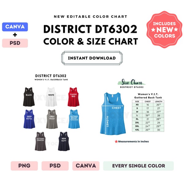 Tabla de colores y tallas District DT6302 / Plantilla editable de Canva / Camiseta de tirantes con espalda nadadora DT6302 V.I.T. / Tabla de tallas DT6302 / Plantilla editable de Canva y PSD