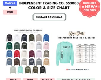 Independent Trading Co. SS3000 Color + Size Chart | EDITABLE Canva Template | SS3000 Crewneck Sweatshirt | SS3000 Size Chart | CANVA + PSD