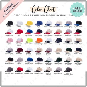 May include: Color chart of Otto 31-069 5 panel mid profile baseball caps in various colors, including black, white, red, and navy. The image displays a variety of color combinations for the caps, such as pink and white, and maroon and khaki.