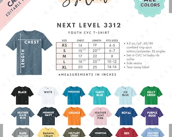 Next Level 3312 Size + Color Chart | EDITABLE Canva Template | 3312 Youth CVC T-Shirt | 3312 Size Chart | CANVA Editable Size Chart
