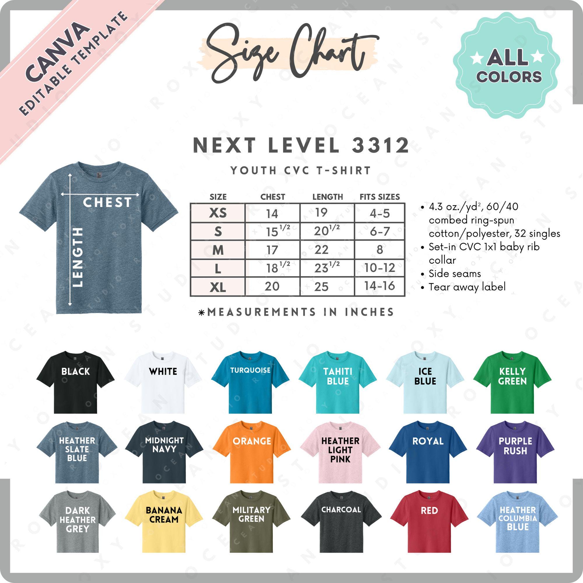 Next Level 3312 Size + Color Chart | EDITABLE Canva Template | 3312 ...