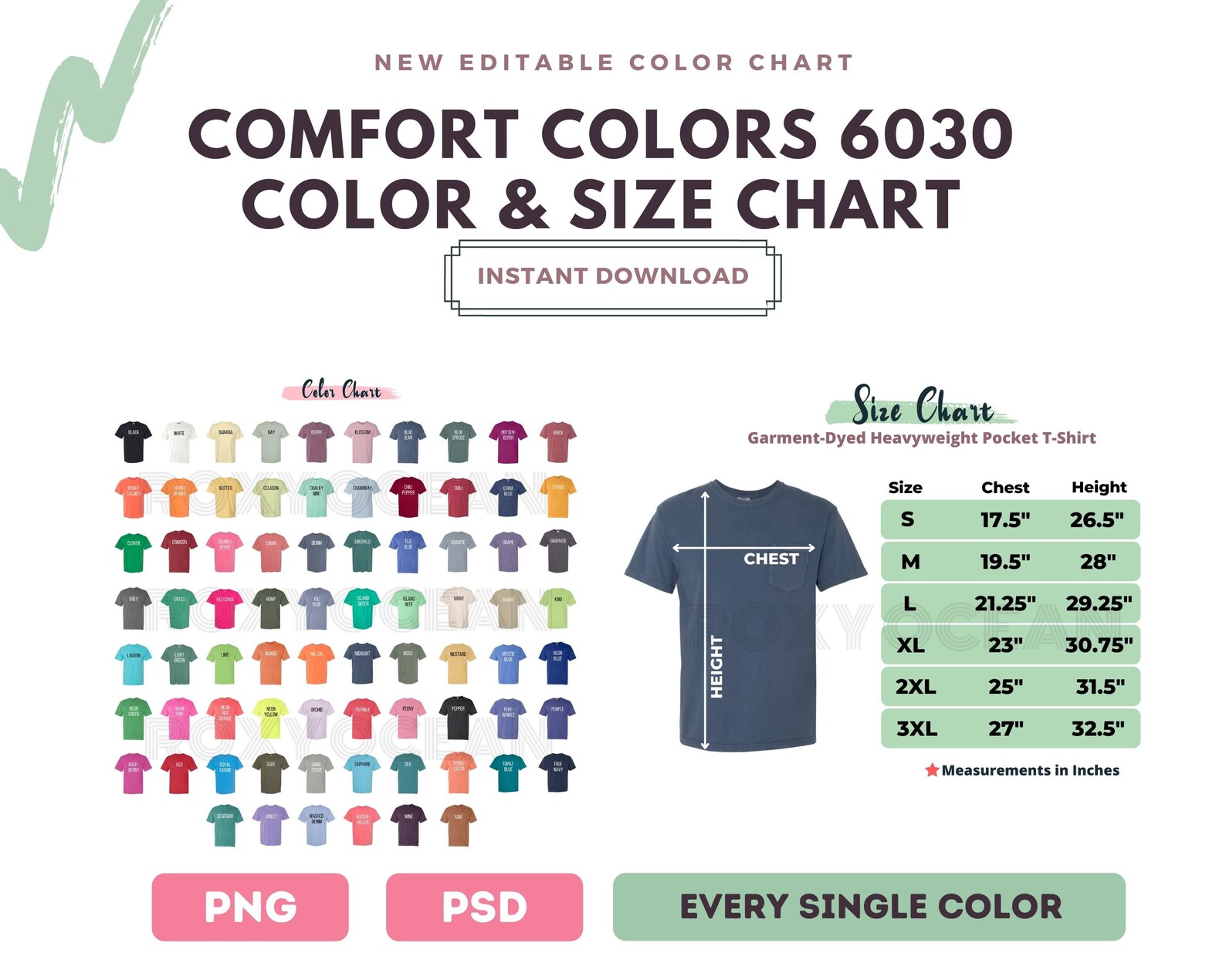 Comfort Colors 6030 Color Chart Digital File Color and Size Etsy