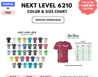 Next Level 6210 Color + Size Chart | EDITABLE Canva Template | 6210 Unisex CVC T-Shirt | 6210 Size Chart | Canva + PSD Editable Color Chart