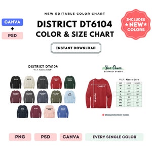 District DT6104 Color + Size Chart | EDITABLE Canva Template | DT6104 V.I.T. Fleece Crew | DT6104 Size Chart | CANVA + PSD Editable Template