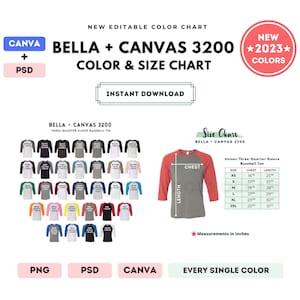 Bella Canvas 3200 Color + Size Chart | EDITABLE Canva Template | 3200 Three-Quarter Baseball Tee | 3200 Size Chart | CANVA + PSD Template